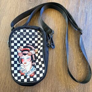 Y2K Ed Hardy Geisha Black Checkerboard Small Crossbody Bag Wallet Phone Case EUC